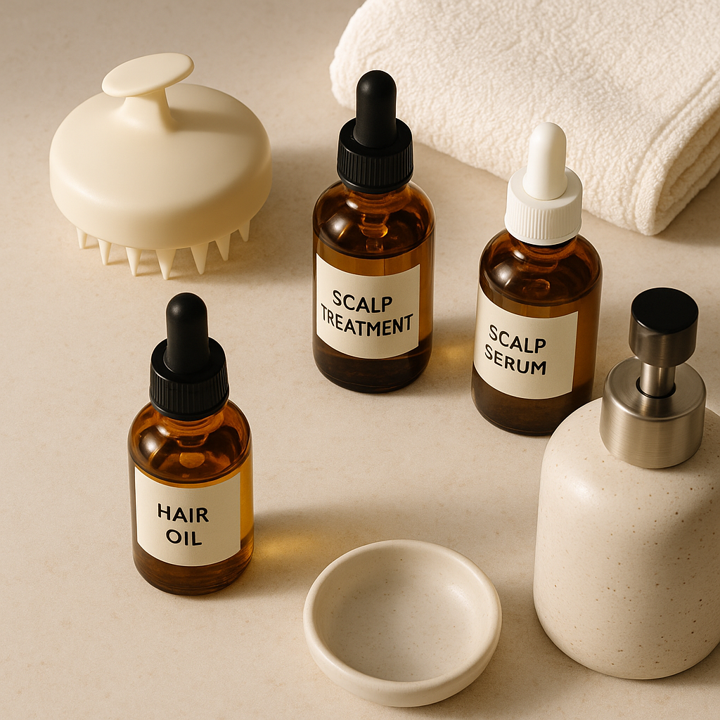 Overhead view of scalp care routine setup, massager alongside natural hair oils and treatments, clean organized bathroom counter, self-care aesthetic, soft natural lighting