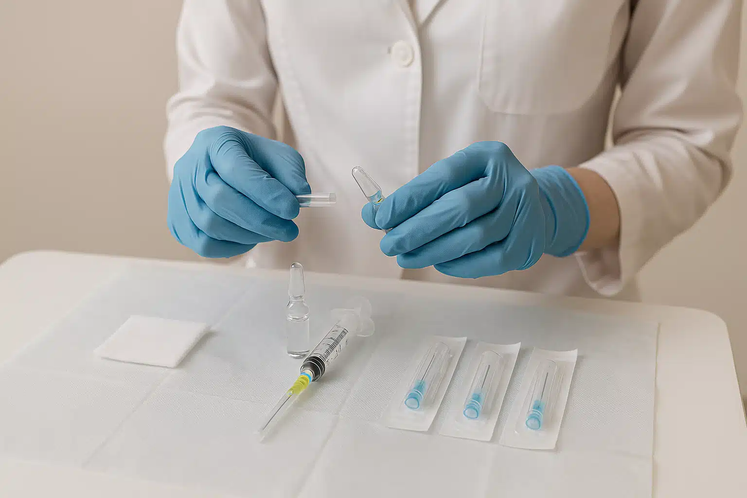 Medical professional wearing gloves preparing sterile mesotherapy injection equipment, clinical precision, emphasis on safety and hygiene protocols