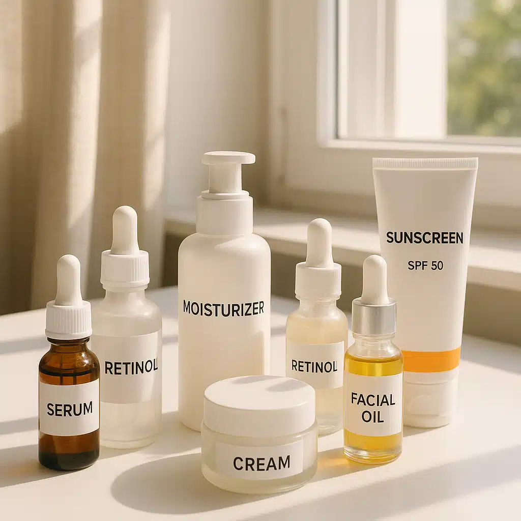 Organized skincare routine display showing various treatment-supporting products including serums, moisturizers, and sunscreen arranged on a clean vanity with natural morning light, emphasizing a comprehensive skin health approach