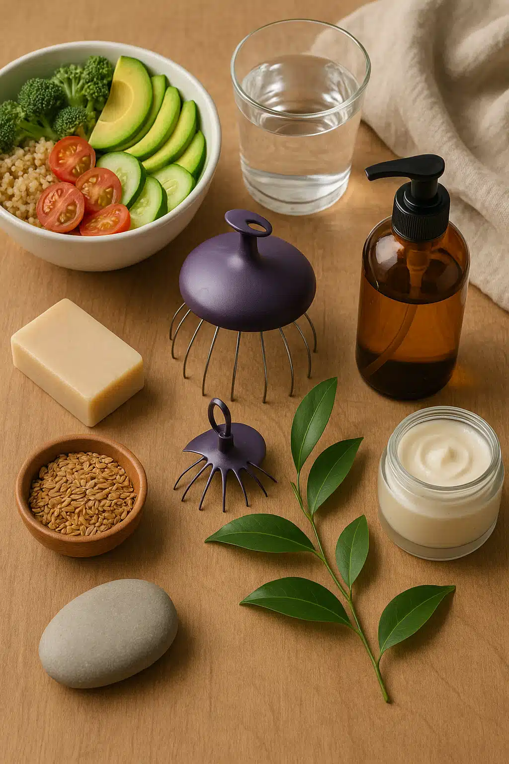 Lifestyle composition showing elements of holistic hair care, healthy food, water, scalp massager, natural products, peaceful setting, wellness concept, balanced and harmonious arrangement