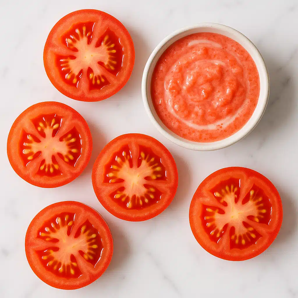 Fresh tomato slices and a small bowl of tomato pulp mixed with yogurt, placed on a white marble surface, fresh and vibrant colors, clean and modern styling
