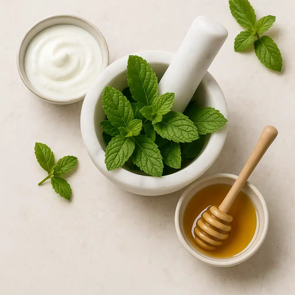 Fresh mint leaves in a mortar and pestle with a small bowl of yogurt and honey nearby, set on a light stone surface, natural and refreshing atmosphere, bright and airy