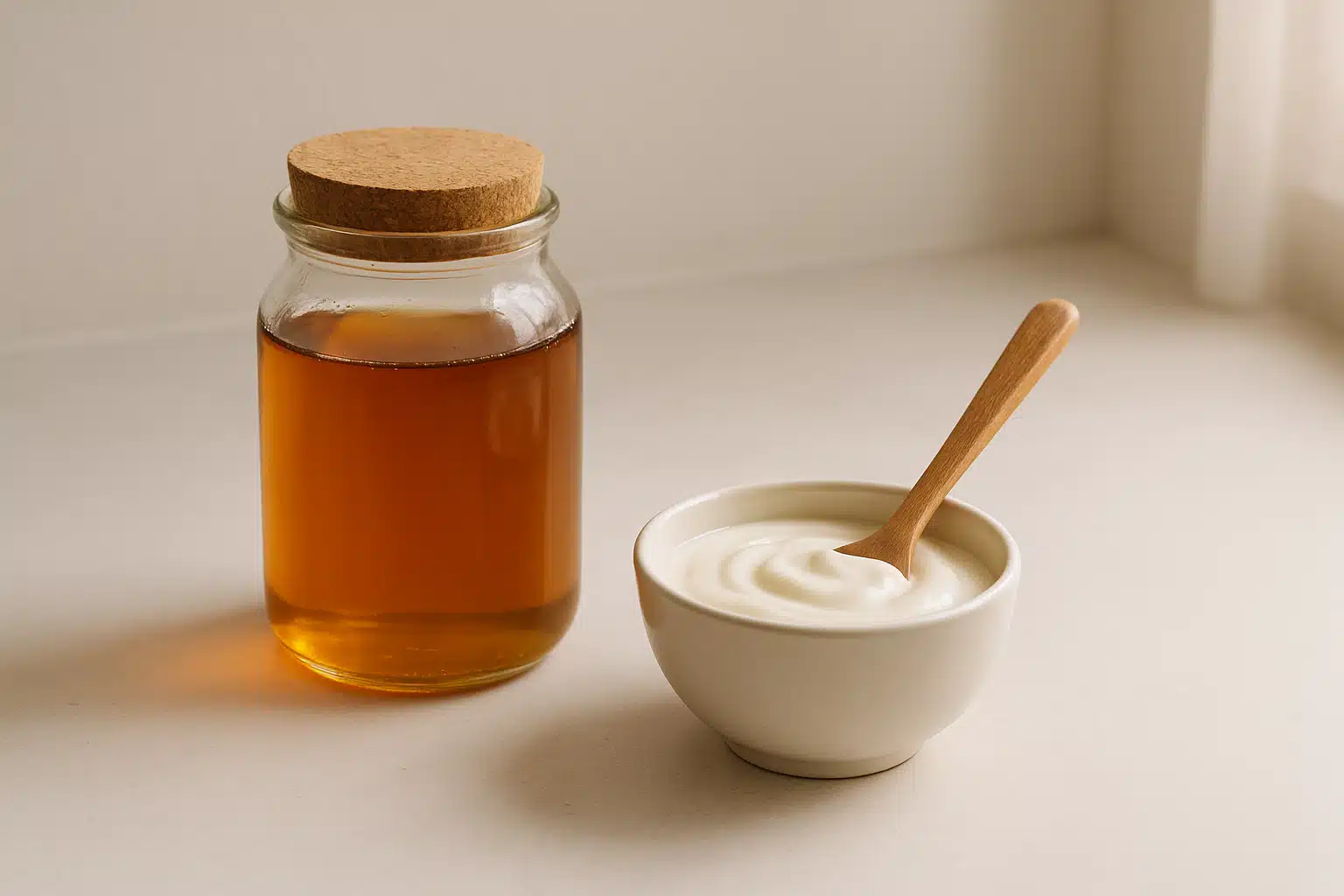 A glass jar of honey and a small bowl of yogurt with a wooden spoon, placed on a clean white countertop, soft natural light, simple and wholesome aesthetic