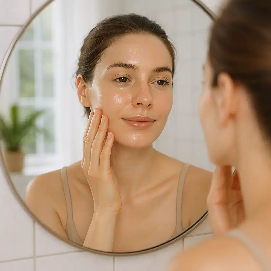 Woman looking into a mirror, gently touching her glowing, healthy skin, bathroom setting with natural light, calm and serene expression, self-care and skincare concept
