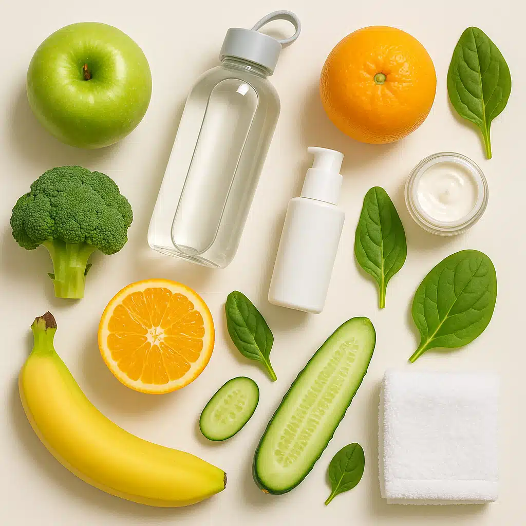Healthy lifestyle flatlay with fresh fruits, vegetables, water bottle, skincare products, and a towel, arranged neatly on a light background, wellness and self-care theme, bright and uplifting