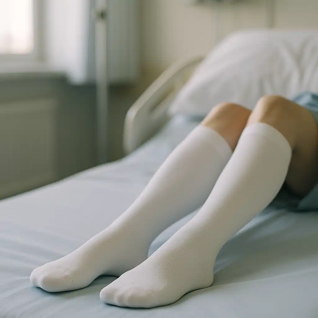 Close-up of person's legs wearing medical-grade white compression socks while resting on a hospital bed, clinical setting with soft natural lighting, health and recovery theme