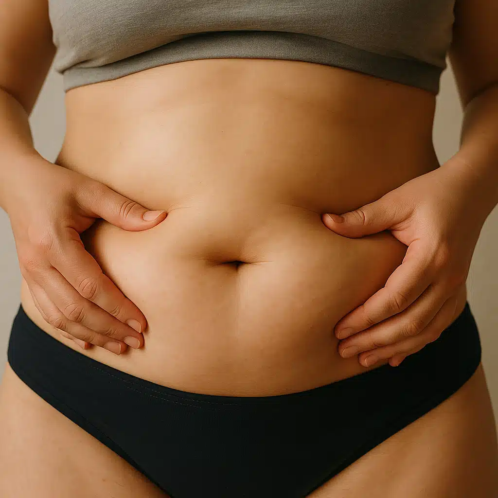 Close-up of a person's midsection with hands gently holding excess belly fat, neutral background, natural lighting, relatable and realistic body image