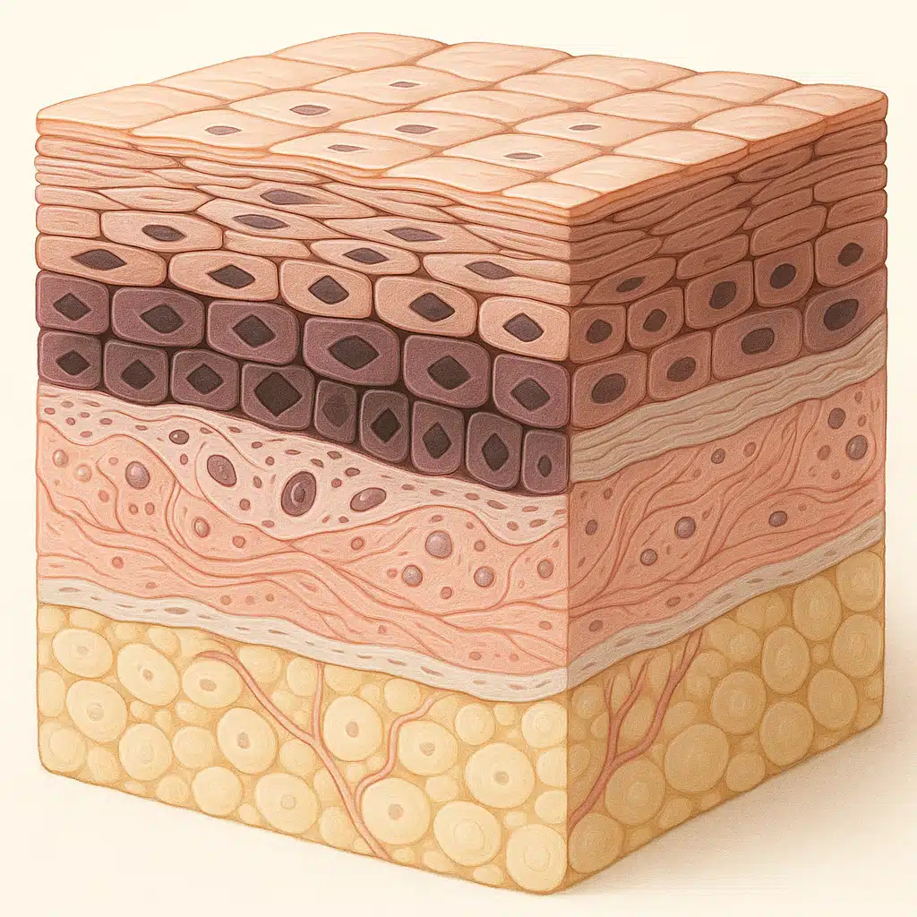 Close-up cross-section illustration of human skin showing multiple layers with detailed cellular structure, educational medical diagram style, clean and professional presentation with soft natural lighting