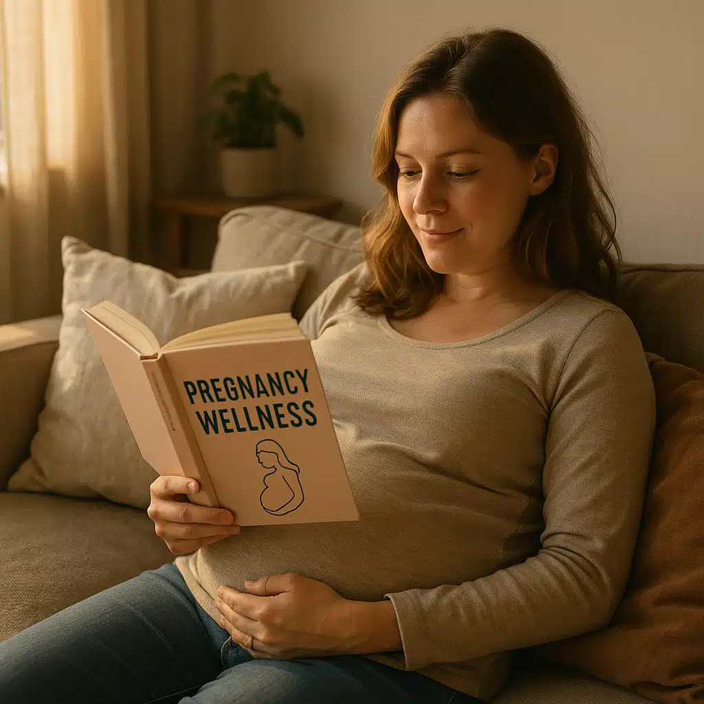 Pregnant woman relaxing on a comfortable couch reading a book about pregnancy wellness, cozy home environment with soft pillows, warm afternoon light, peaceful and educational mood