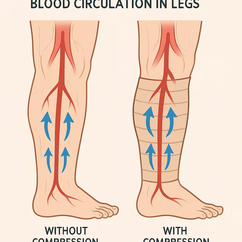 Medical illustration showing blood circulation in legs with and without compression therapy, educational diagram with clear arrows indicating improved blood flow, professional medical graphics style