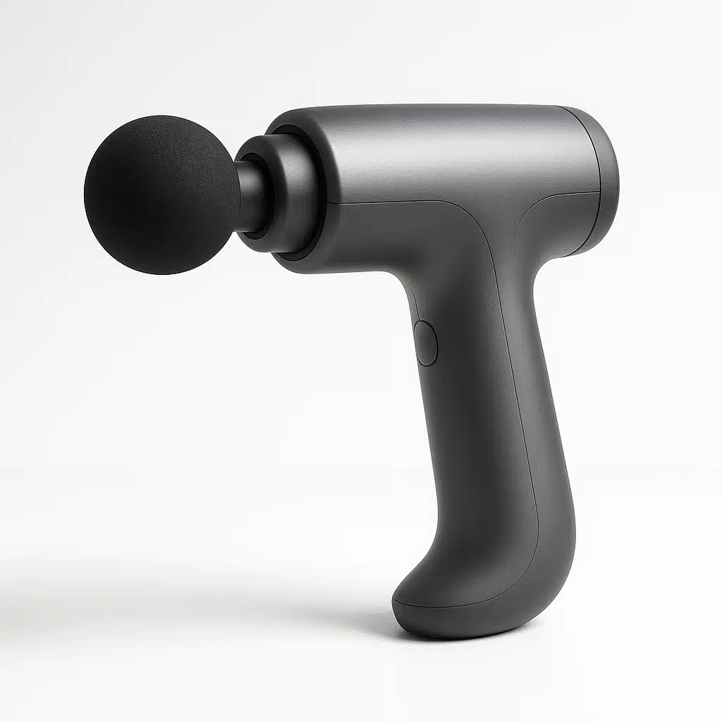 Modern handheld electric massager on a clean white surface, sleek design, ergonomic shape, studio lighting, product-focused composition