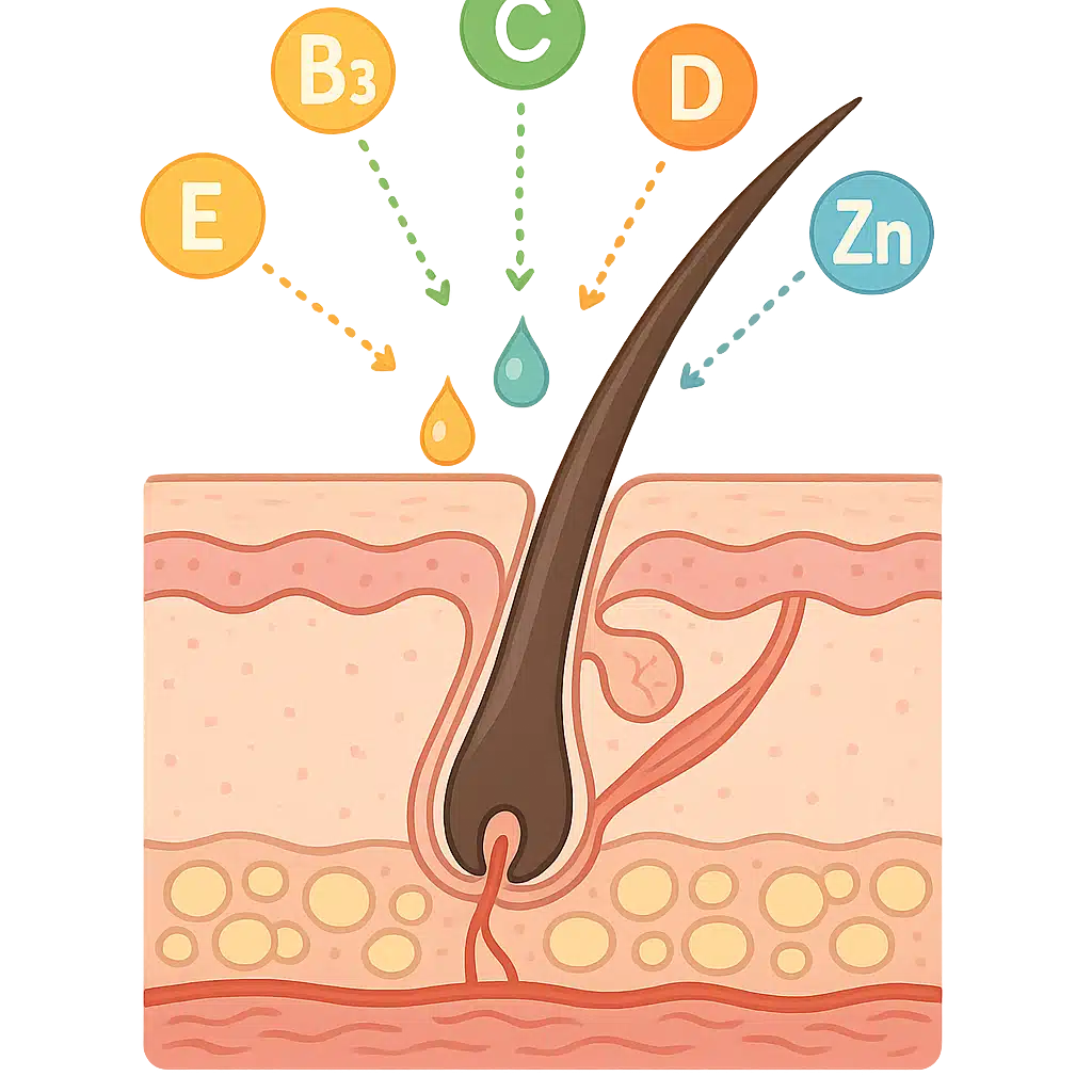 Scientific illustration showing hair follicle structure with vitamins and nutrients being absorbed, clean educational style with transparent background