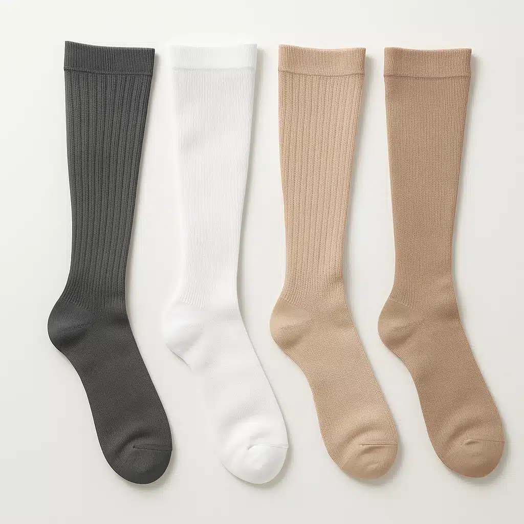 Array of medical compression socks in neutral colors laid flat on clean white surface, showing different compression levels and sizes, product photography style with professional lighting