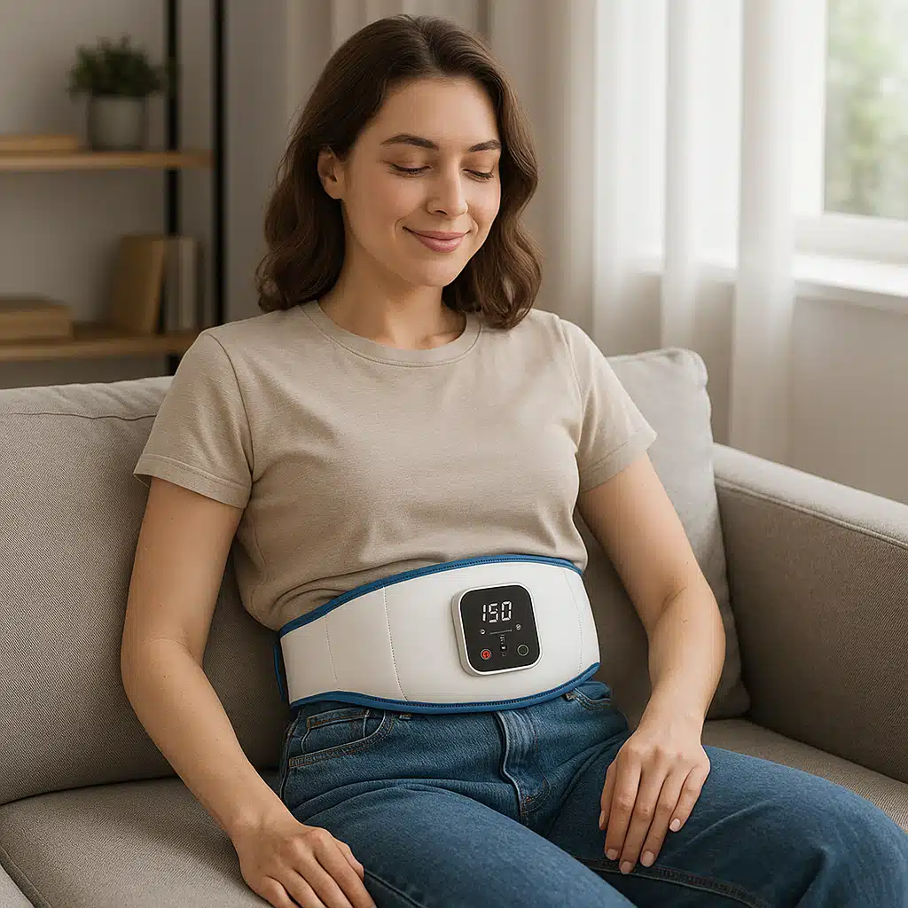 Person using an electric abdominal massager belt while sitting comfortably on a sofa, modern living room setting, relaxed and casual atmosphere, natural daylight