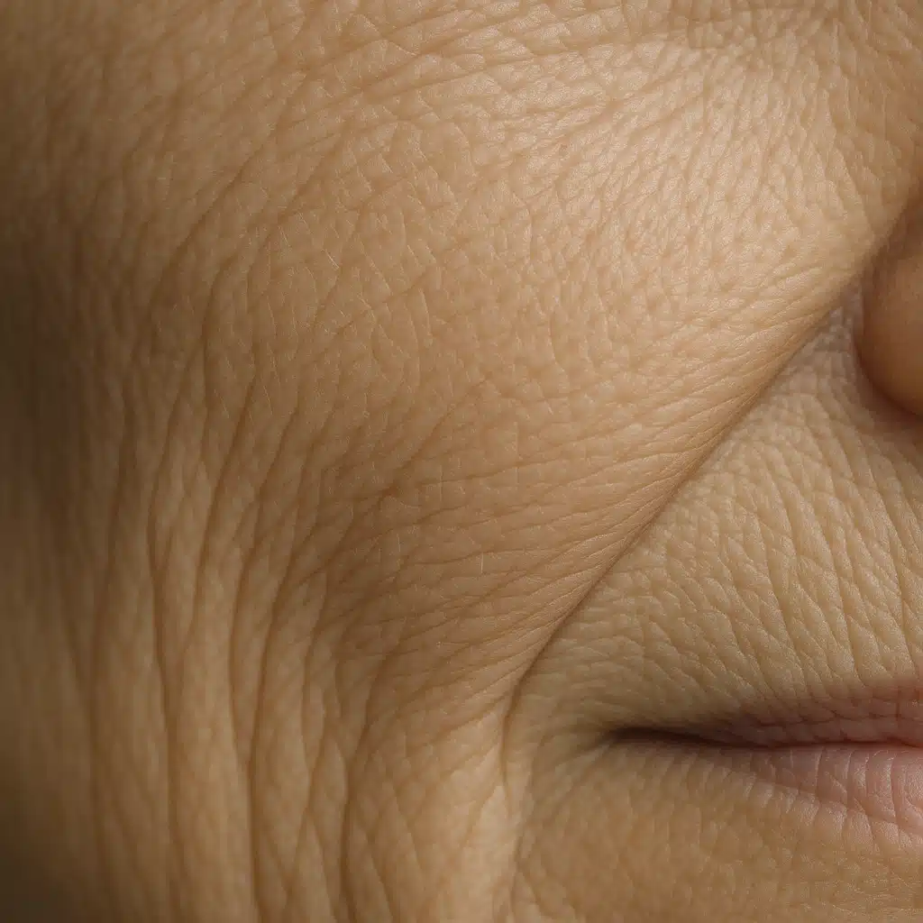 Close-up of mature skin showing fine lines and wrinkles with soft natural lighting, scientific and educational aesthetic