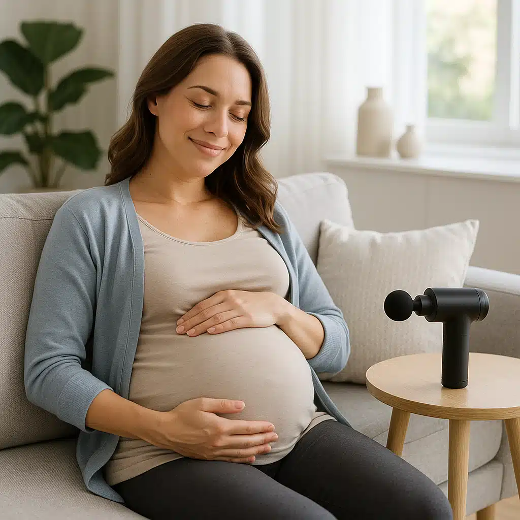 Pregnant woman sitting comfortably on a modern couch with a compact handheld massage device on a side table nearby, bright and clean living room setting, relaxed and contemporary wellness atmosphere