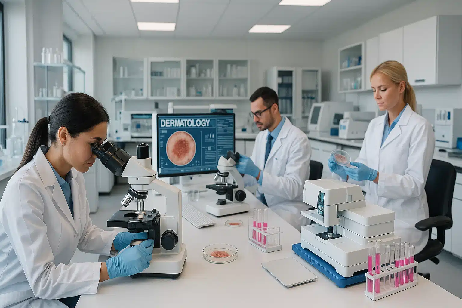 Modern dermatology laboratory with advanced microscopes and diagnostic equipment, scientists examining skin samples, bright clinical environment with contemporary medical technology, professional healthcare setting