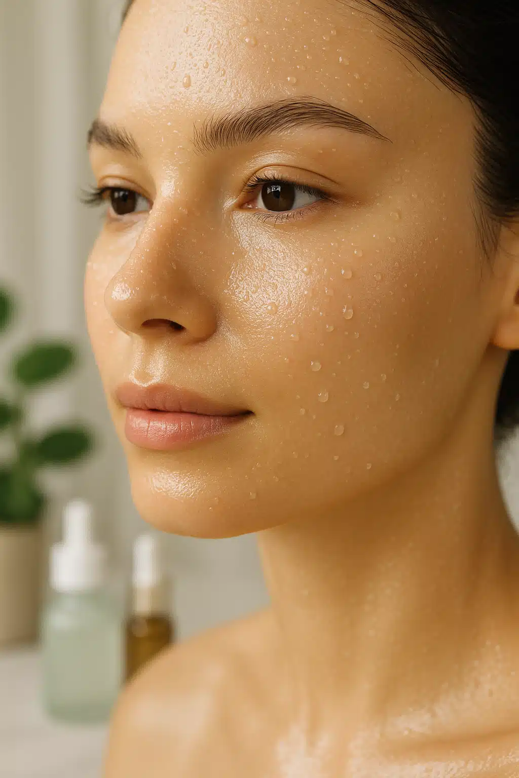 Close-up of healthy glowing facial skin with water droplets, natural light, soft focus background showing skincare bottles, fresh and clean aesthetic