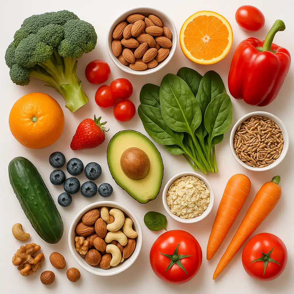 Overhead arrangement of fresh fruits, vegetables, nuts, and whole grains rich in vitamins, displayed on a clean white surface, natural lighting, health and nutrition concept