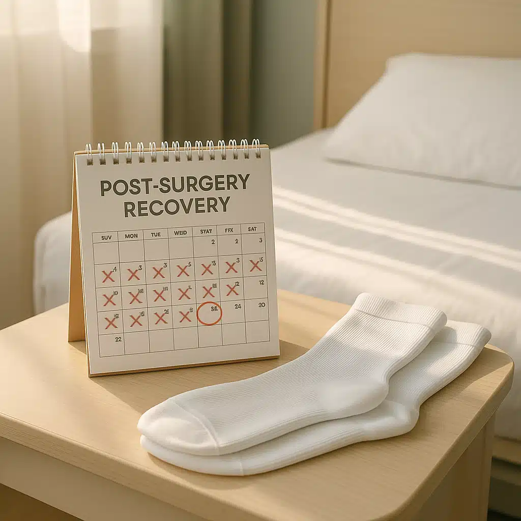Calendar and compression socks on bedside table showing post-surgery recovery timeline, organized healthcare setting with morning light, planning and wellness concept