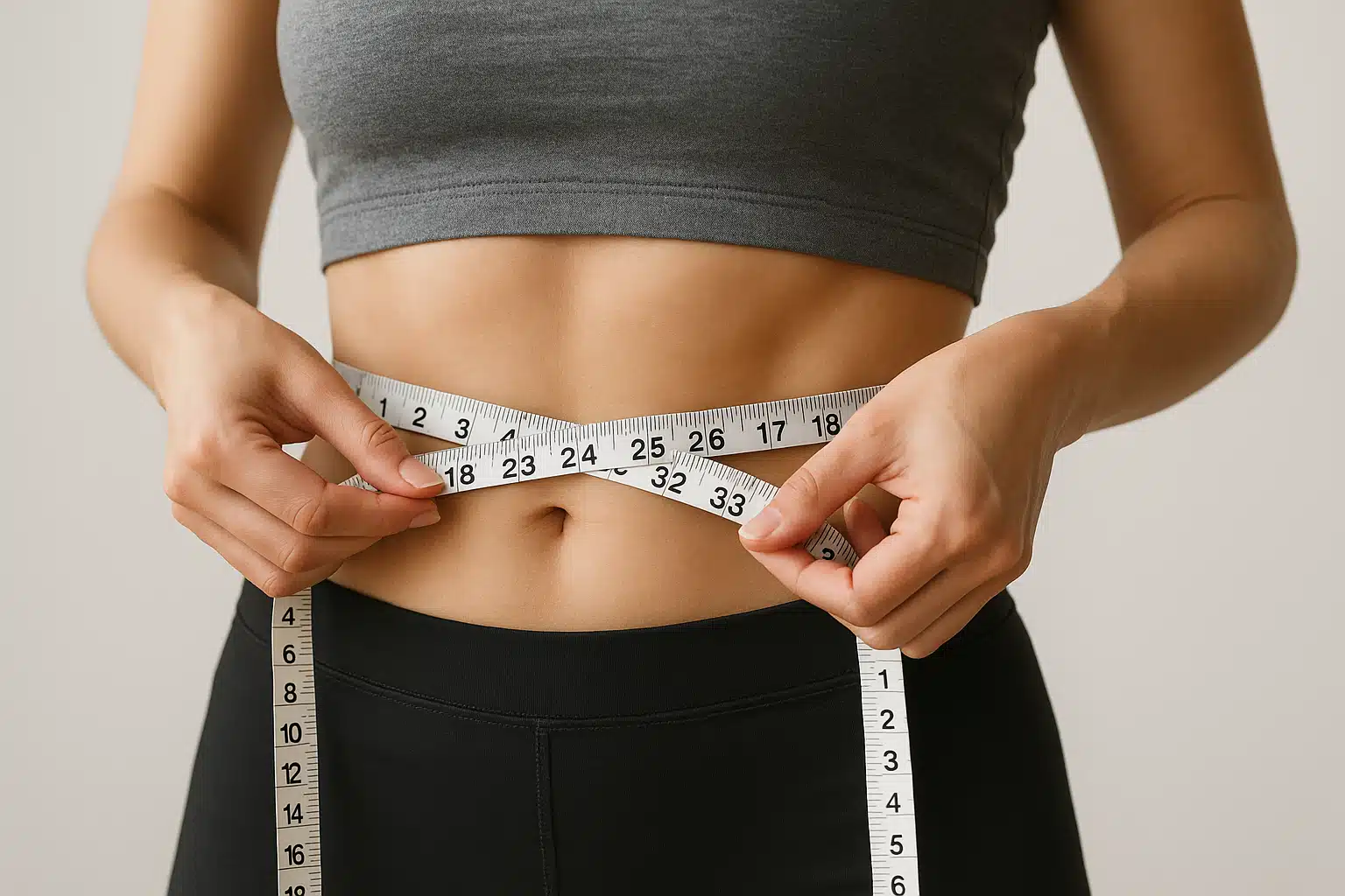 Person measuring waist with a soft tape measure, close-up view, neutral background, motivational and health-focused composition