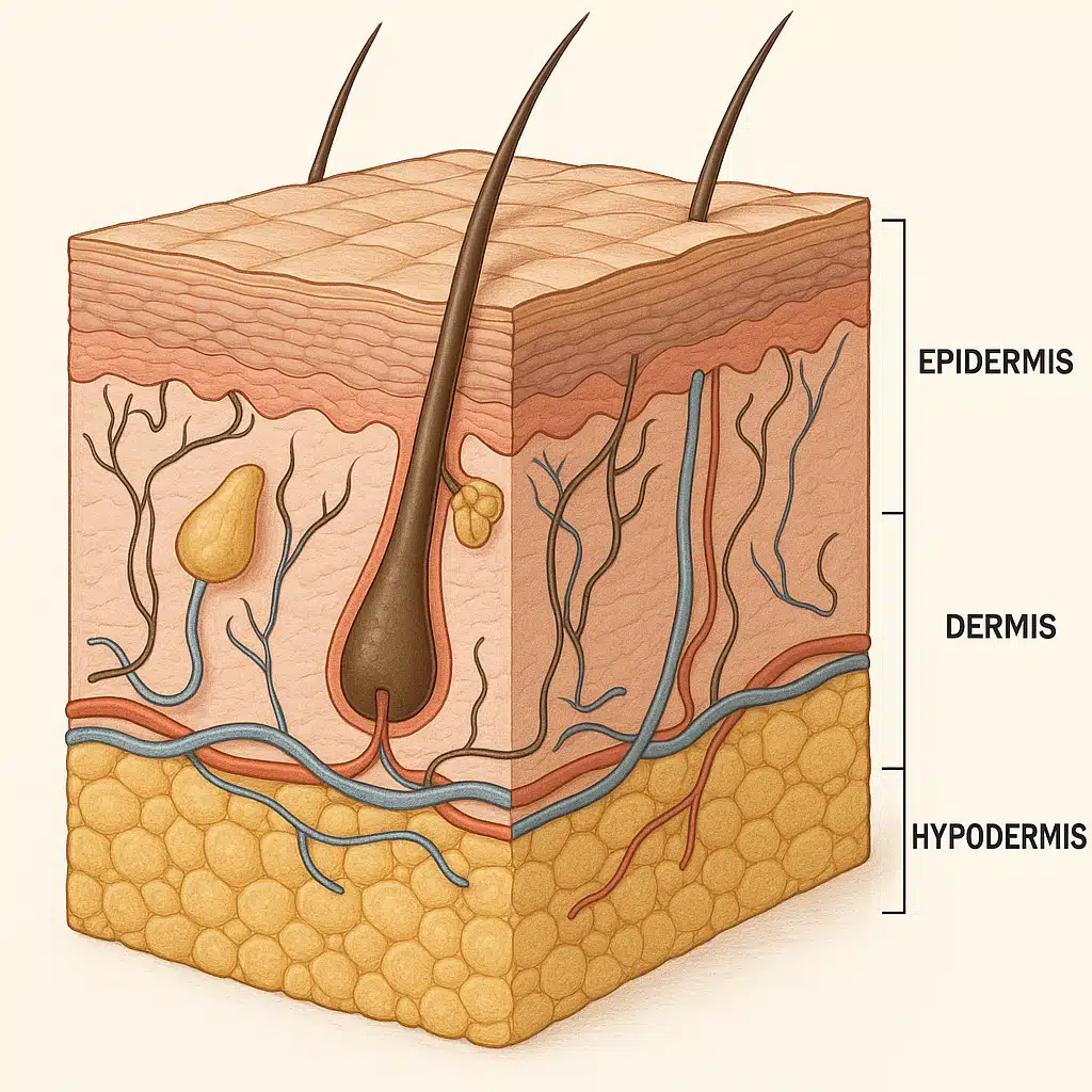 Scientific diagram illustration showing the three layers of human skin with labels, clean medical illustration style, educational and detailed
