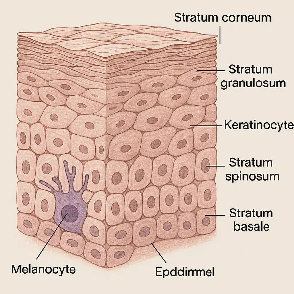 Detailed scientific illustration showing epidermal layers with keratinocytes and melanocytes, educational cross-section diagram with labeled cellular structures, medical textbook quality with neutral background