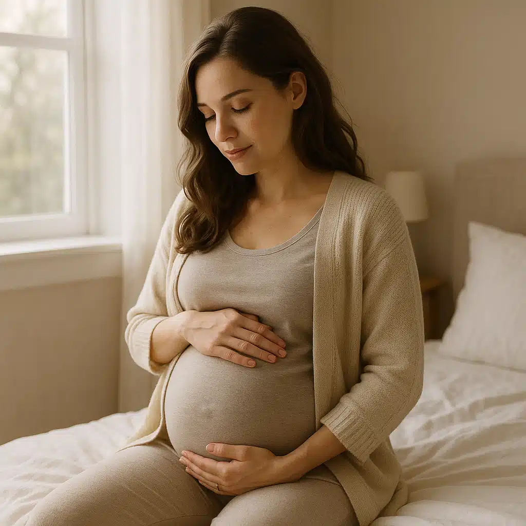 Pregnant woman sitting peacefully on a bed gently holding her belly, soft bedroom environment with natural window light, calm and protective maternal atmosphere