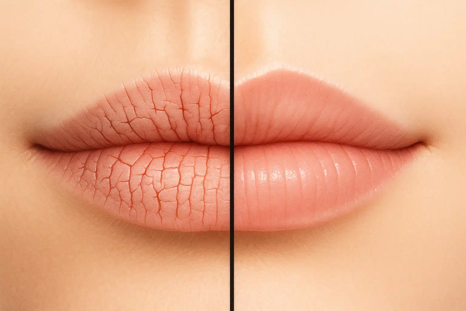 Comparison split image showing dry cracked lips on one side and healthy moisturized lips on other side, educational skincare illustration, clear lighting