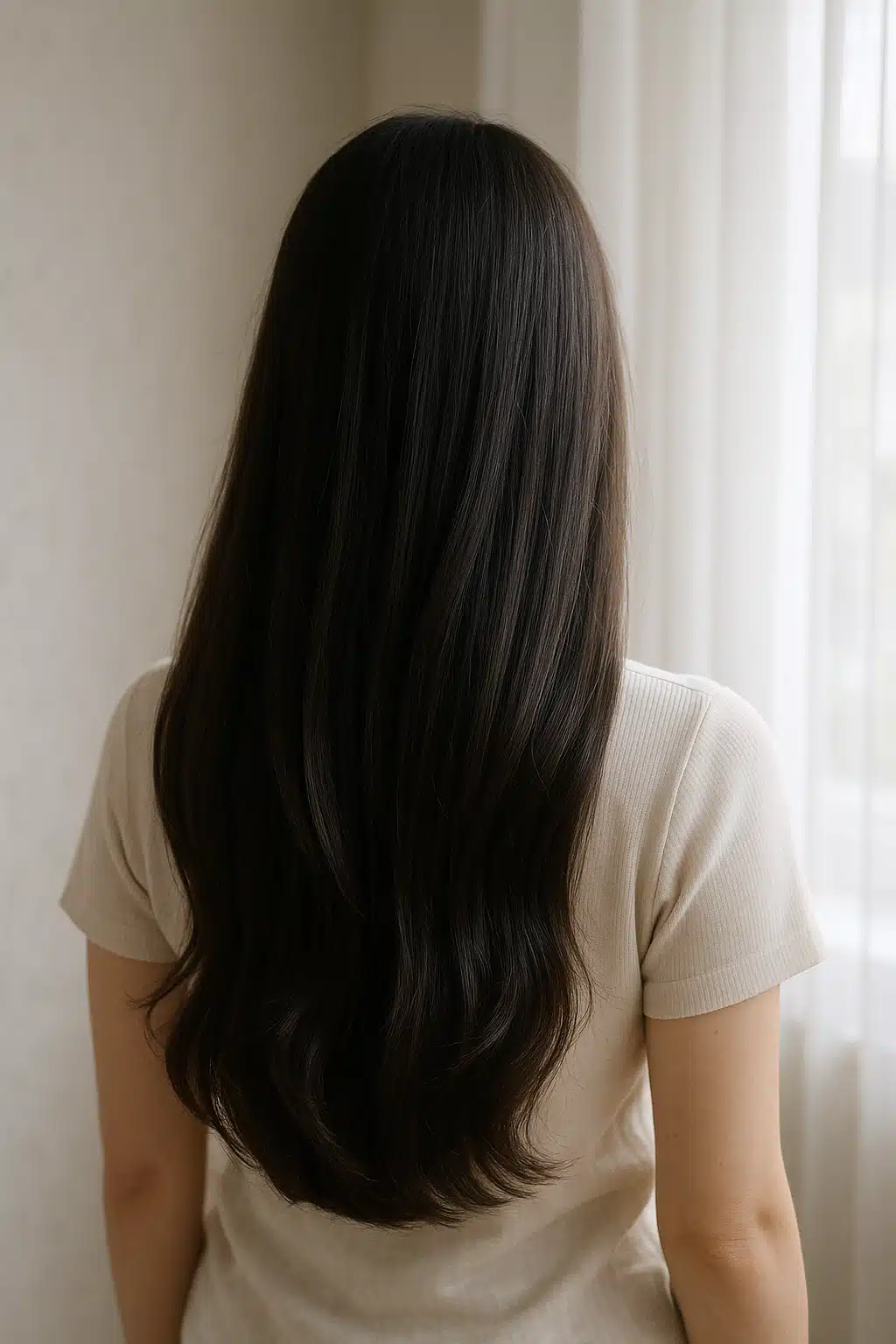 Woman with glossy, healthy hair catching light, photographed from behind in soft natural window light, emphasizing shine and hair quality