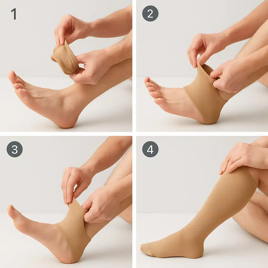 Step-by-step demonstration of person putting on compression sock using proper technique, clear instructional photography with hands visible showing application method, educational healthcare content style