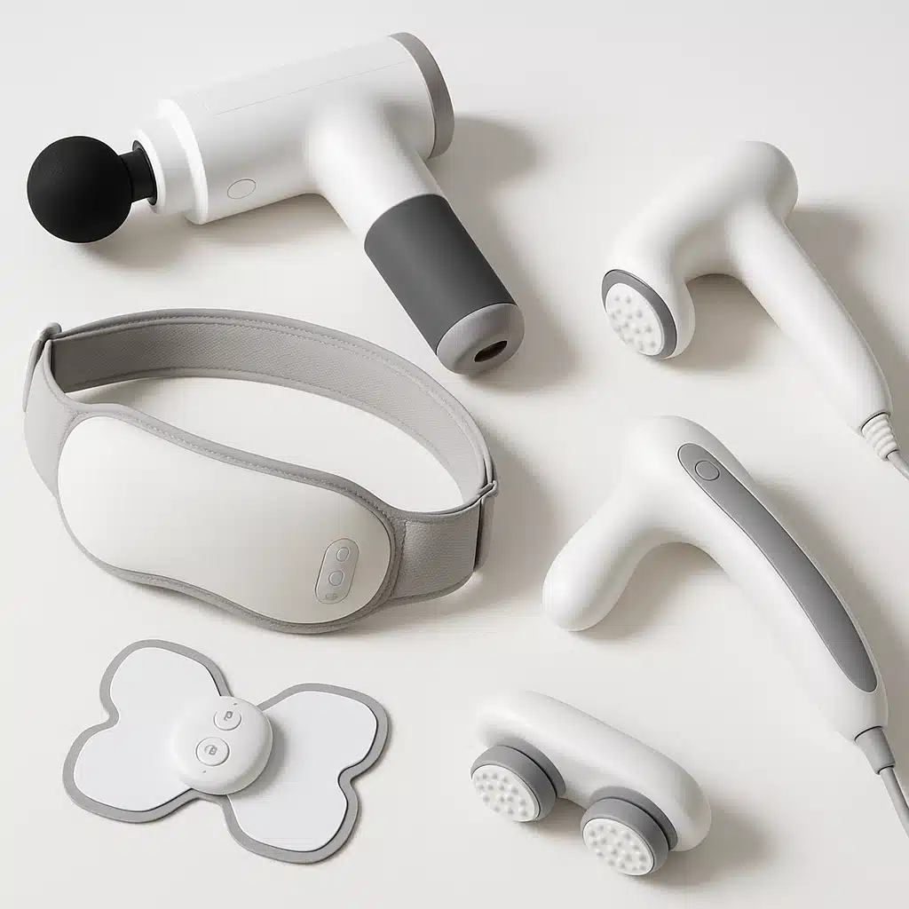 Variety of electric massagers displayed on a clean surface, including handheld, belt-style, and EMS pads, professional product photography, bright and clear lighting