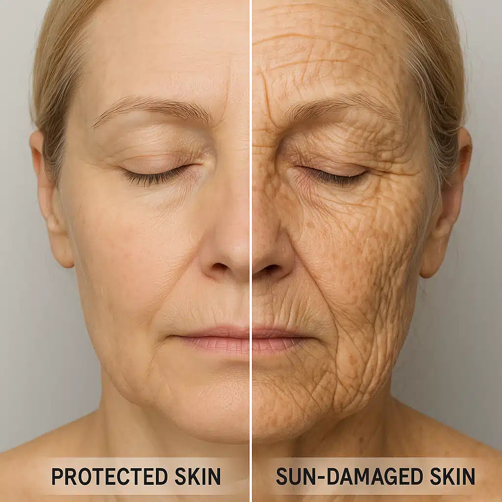 Split comparison showing protected skin versus sun-damaged skin with visible aging differences, clinical photography style, informative and clear