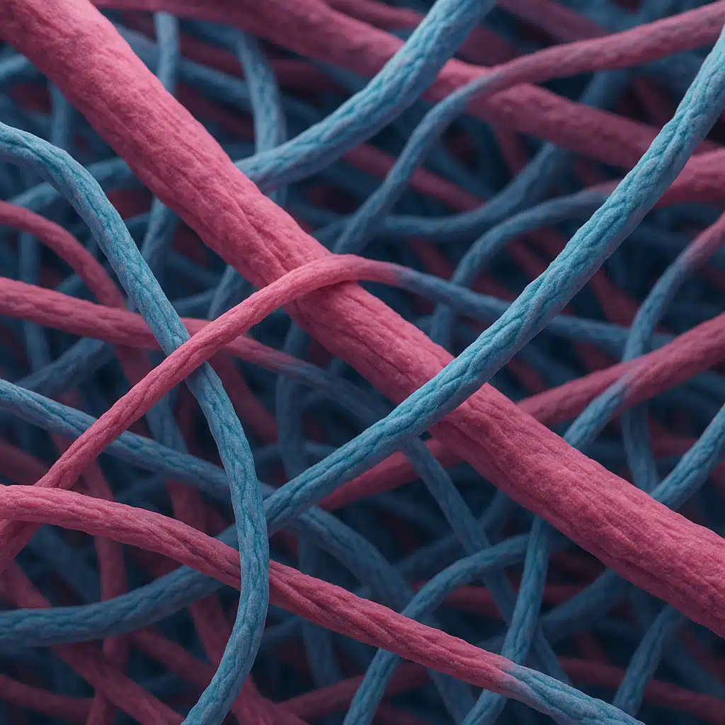Microscopic view of dermal collagen and elastin fibers in pink and blue tones, three-dimensional structure showing interwoven protein network, scientific visualization with depth and texture, clinical research aesthetic