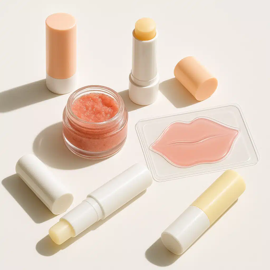 Flat lay arrangement of various lip care products including lip balm tubes, lip scrub jar, and lip mask patches on clean white surface, organized skincare collection, bright natural lighting