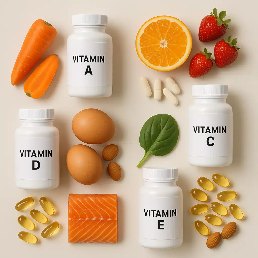 Flat lay composition of vitamin supplement bottles and capsules alongside natural food sources, organized by vitamin type, clean modern photography style