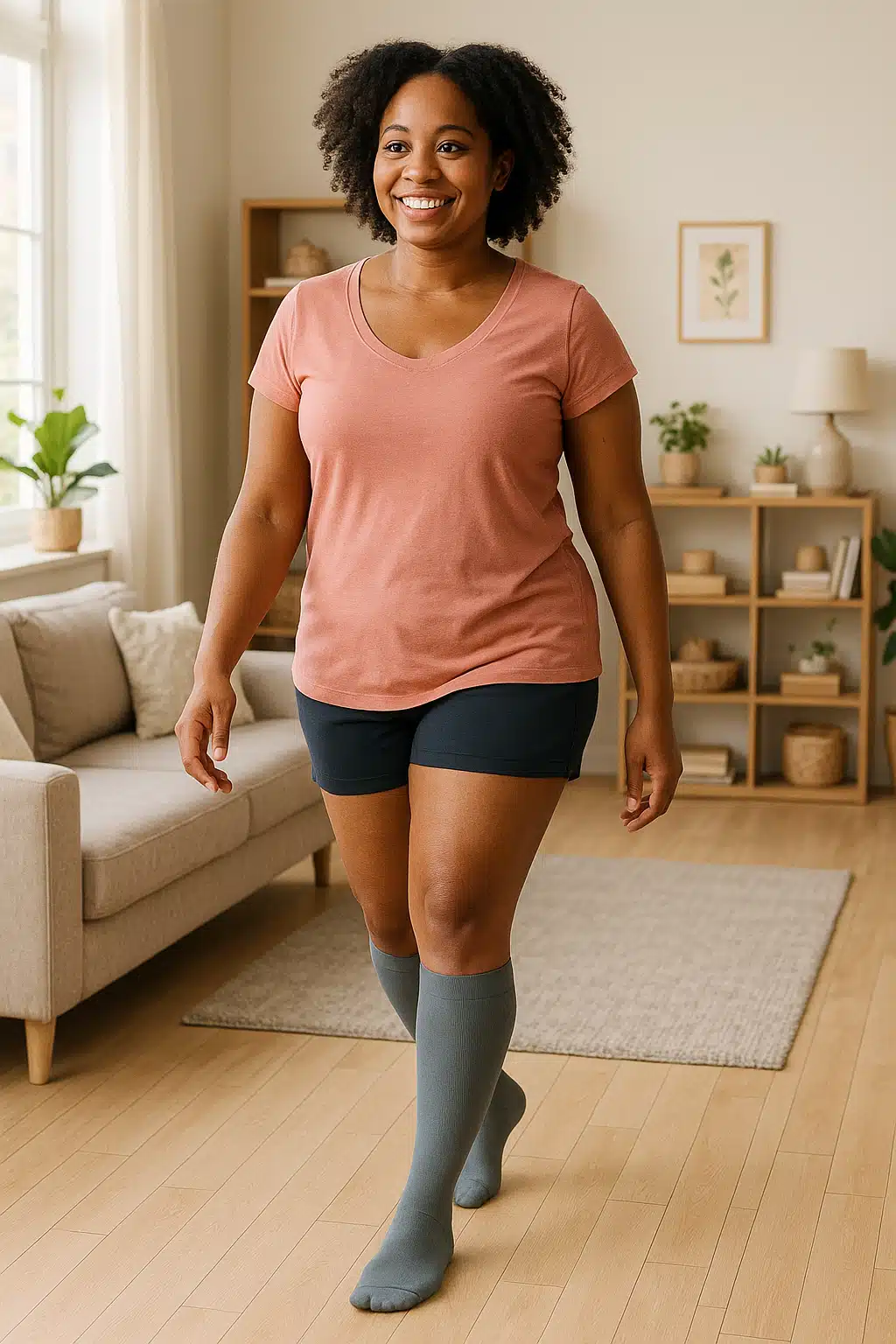 Person in comfortable home setting gently walking while wearing compression socks, bright and encouraging atmosphere, recovery and wellness lifestyle theme, diverse and inclusive representation