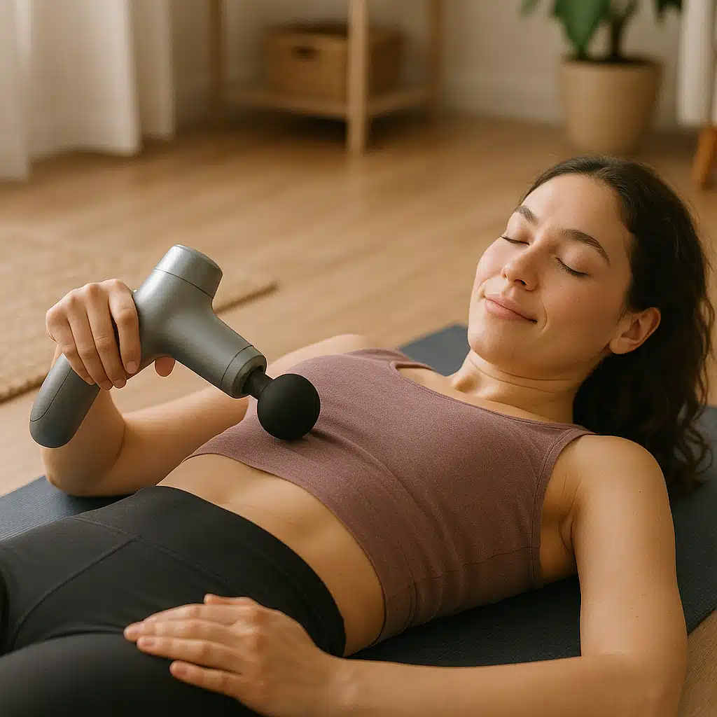 Person using a handheld massager on their abdomen while lying on a yoga mat, relaxed expression, home fitness environment, soft natural light