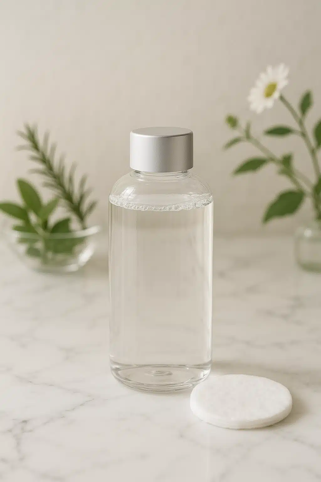 Clear glass bottle of toner with cotton pad on marble countertop, botanical ingredients in background, soft natural lighting, spa-like minimalist setting