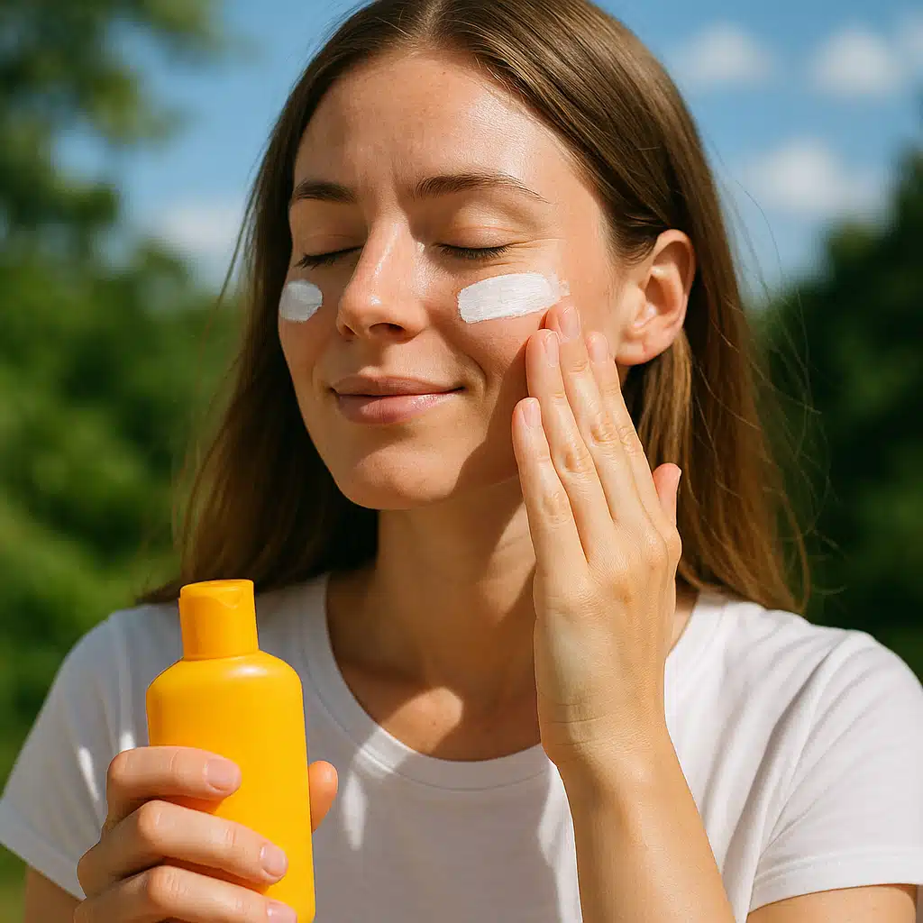 Woman applying sunscreen to her face outdoors, bright natural daylight, health-conscious and protective lifestyle concept