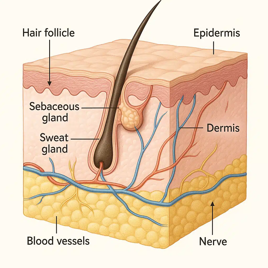 Anatomical illustration showing all three skin layers - epidermis, dermis, and hypodermis with hair follicles, glands, and blood vessels, educational medical diagram with clear labels and arrows, realistic coloring with professional scientific presentation
