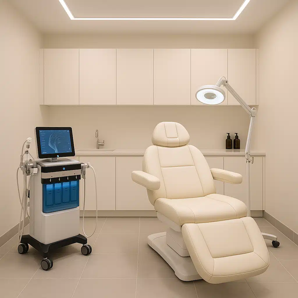 Professional aesthetic treatment room with modern equipment for scalp treatments, clean clinical environment with soft lighting, showing professionalism and advanced care