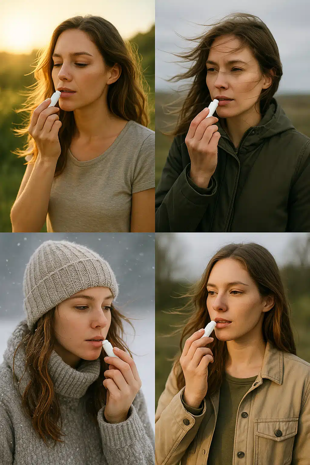Woman applying lip balm outdoors in various weather conditions montage, showing sun, wind, and cold weather protection, lifestyle photography, natural setting