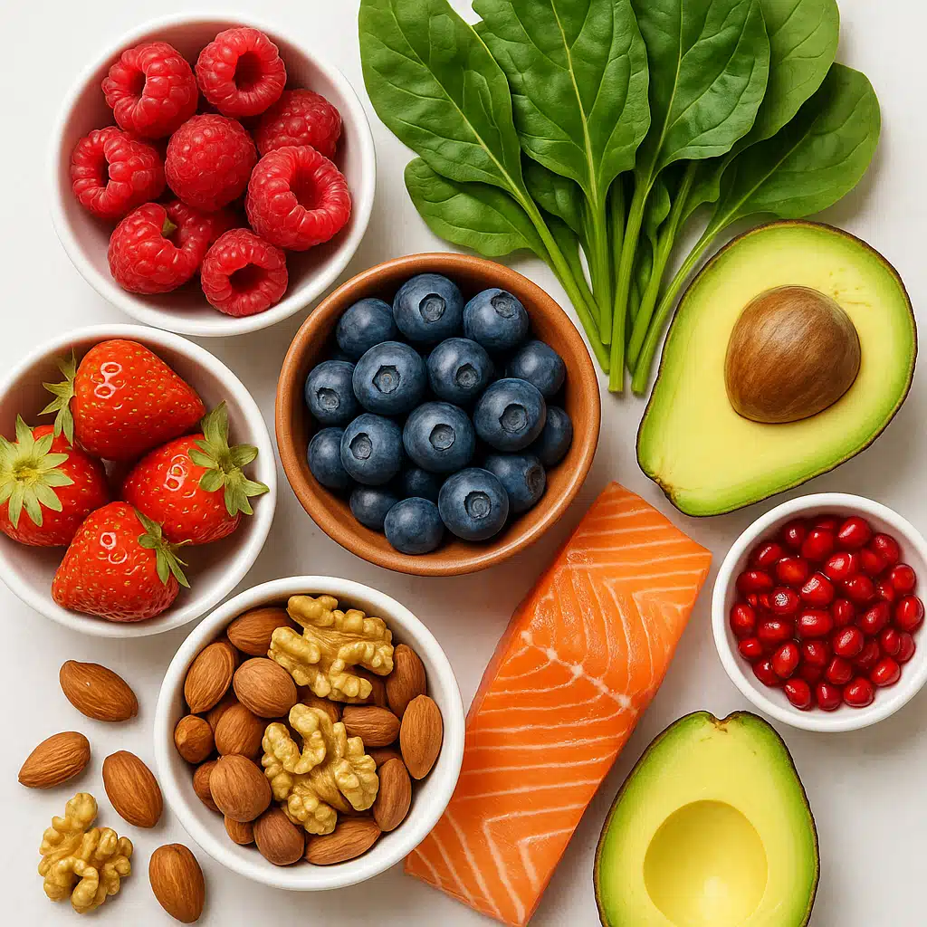 Colorful arrangement of anti-aging foods including berries, leafy greens, nuts, salmon, and avocado on a clean surface, vibrant and fresh food photography style