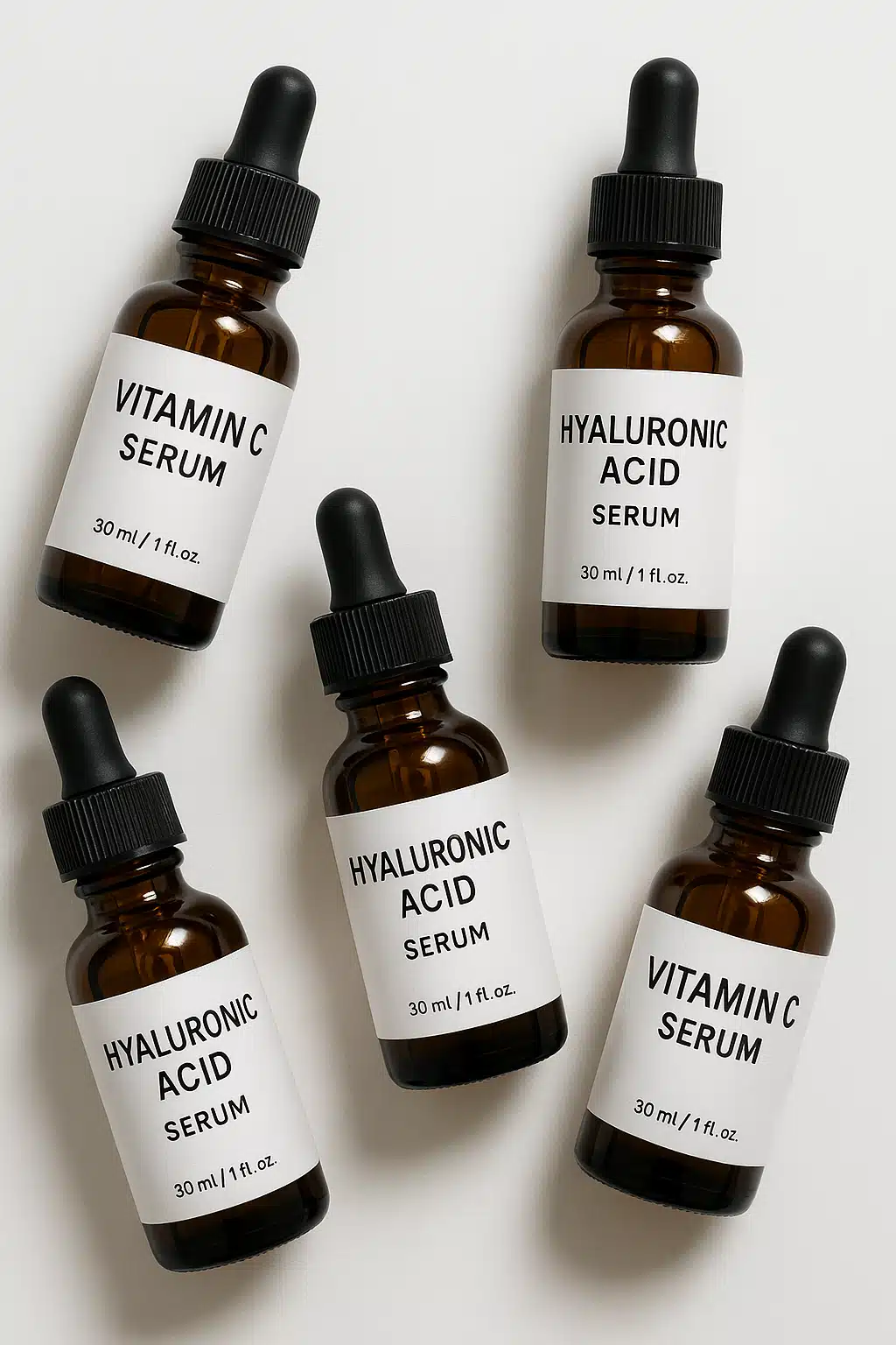 Multiple serum bottles with dropper applicators arranged on white surface, ingredients like vitamin C and hyaluronic acid visible, professional product photography with clean background