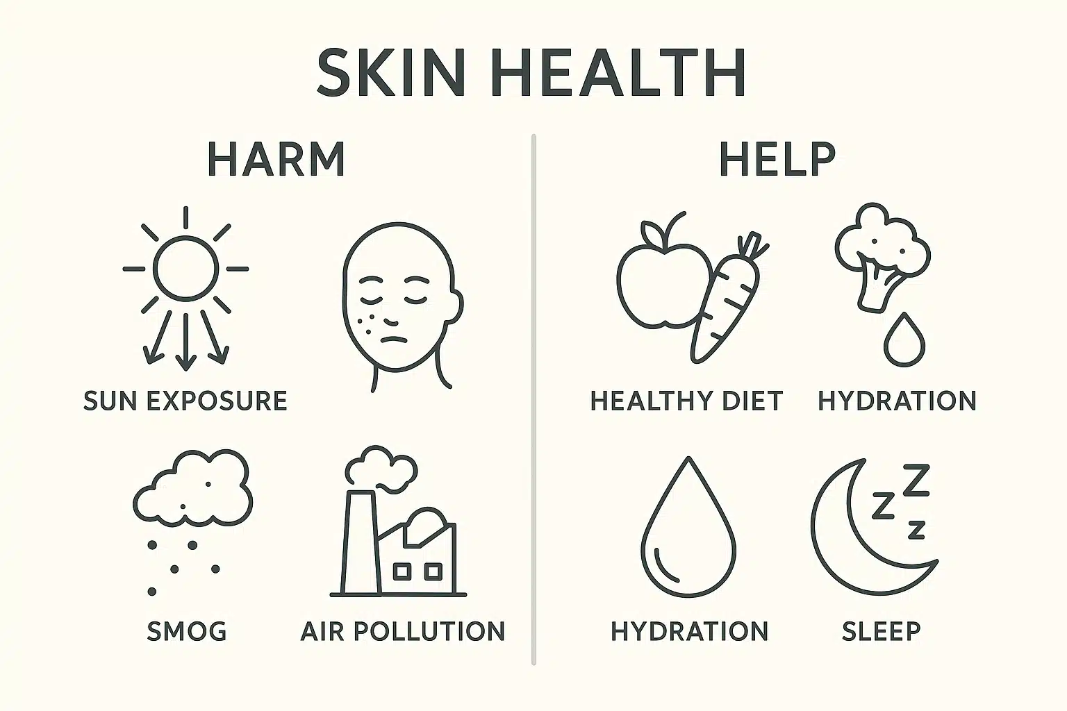 Split-screen comparison showing factors affecting skin health - one side showing sun exposure and pollution, other side showing healthy lifestyle with nutritious food, water, and sleep symbols, modern infographic style with clean design
