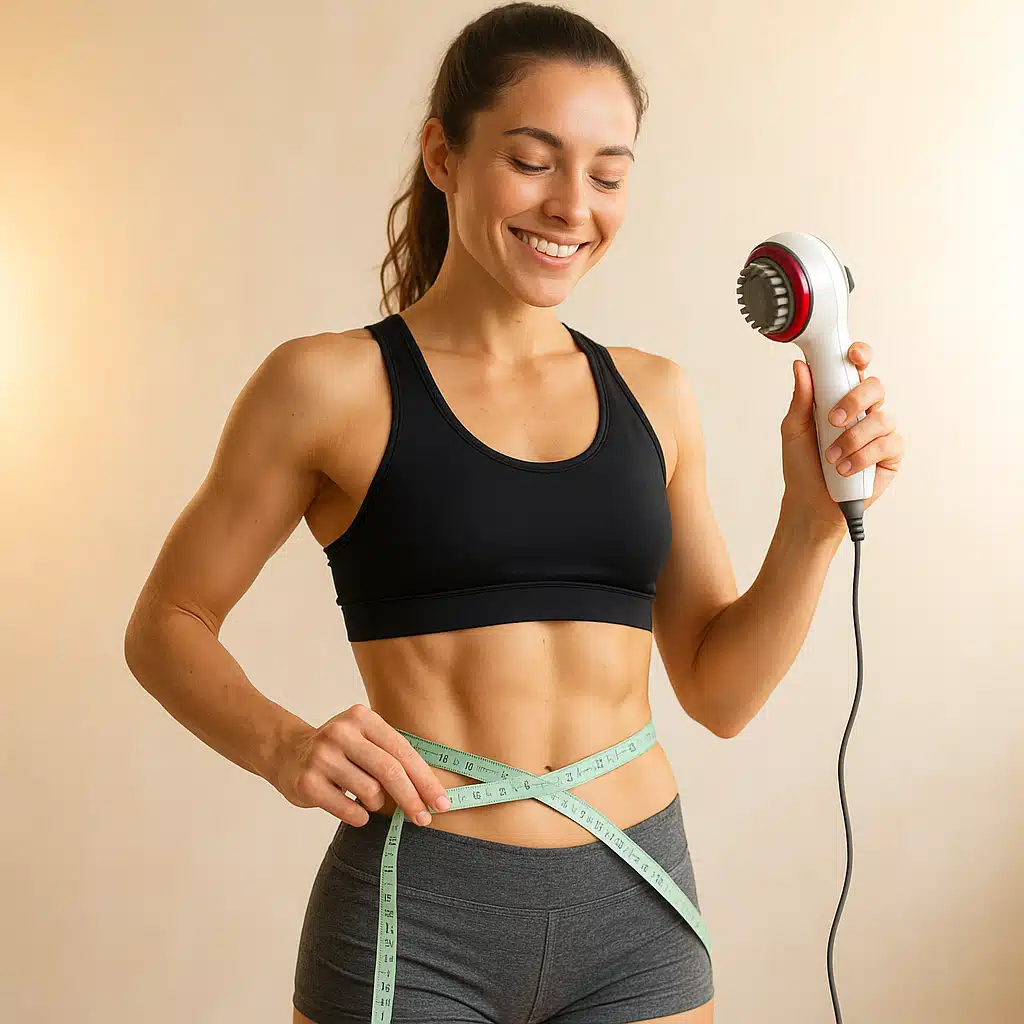 Fit person measuring their waist with a satisfied expression, holding a handheld massager, bright and motivational setting, health and wellness theme
