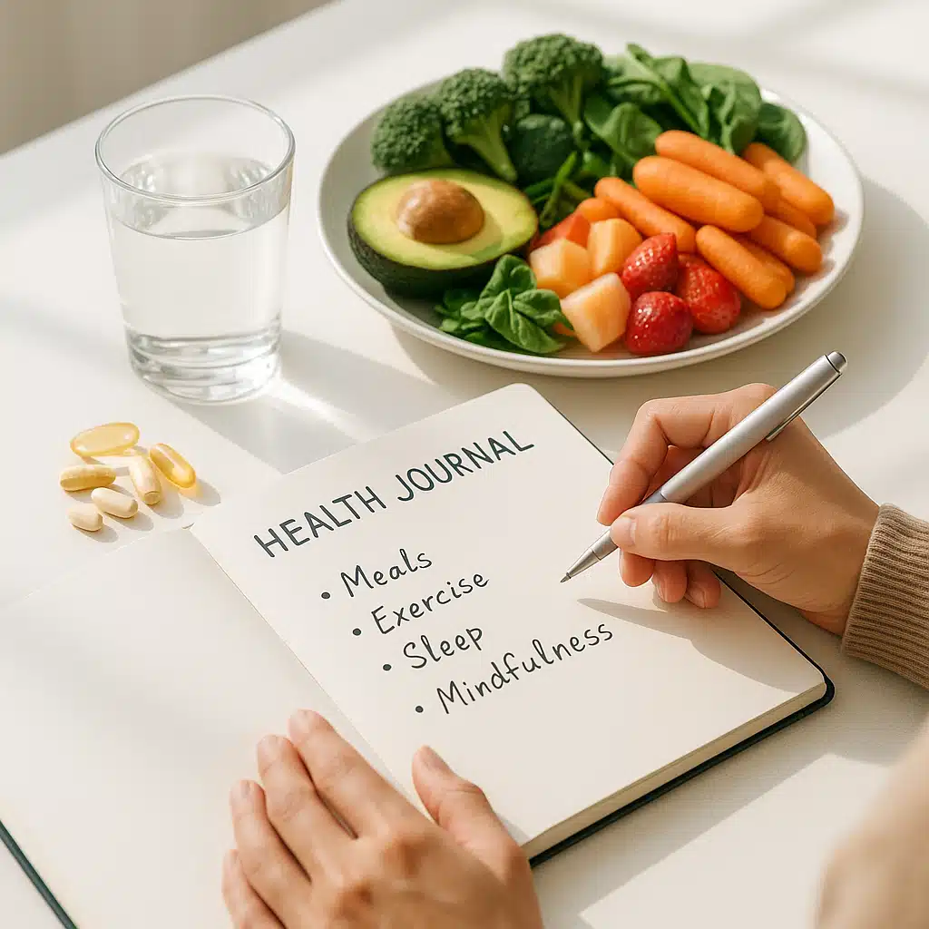 Person reviewing a health journal with vitamin supplements, healthy foods, and a glass of water on a clean table, planning and wellness concept, bright natural lighting