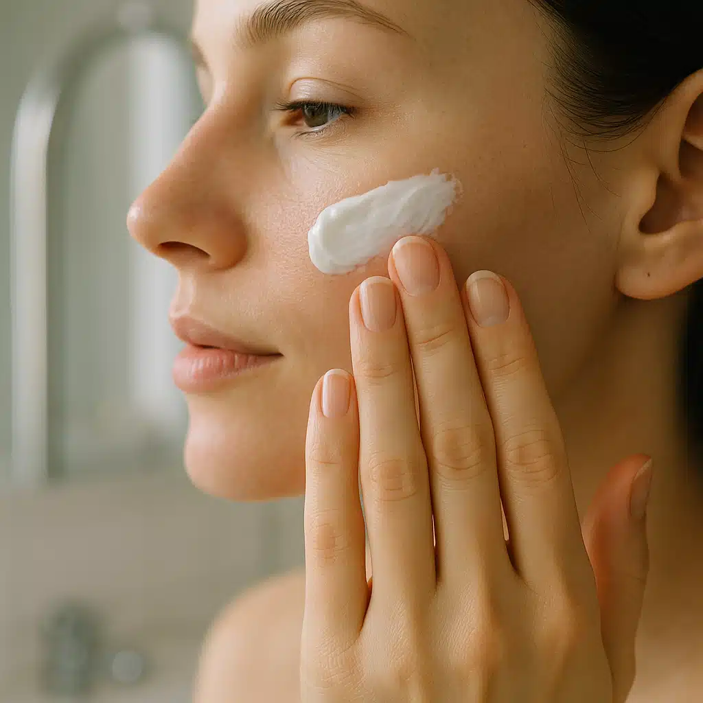 Hand applying white moisturizer cream to face, close-up of smooth skin texture, bathroom mirror in soft focus background, natural morning light, self-care routine