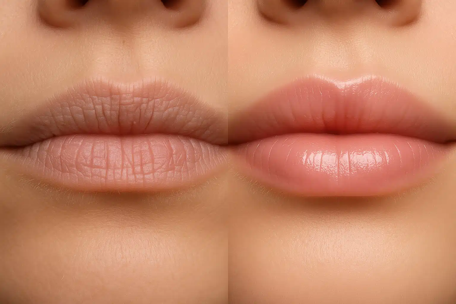 Before and after comparison of lips showing transformation from dry and dull to moisturized and naturally plump, side by side beauty photography, professional lighting